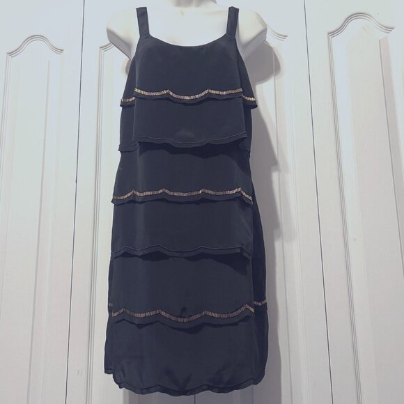 LC Lauren Conrad Dresses & Skirts - Lauren Conrad Tiered Gold Beaded Scalloped Little Black Dress-Size 2-Sleeveless